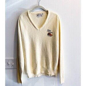 Vtg Bulldozer Embroidered V Neck Sweater Large Mens Grandpa Retro Yellow Preppy